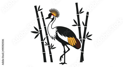Elegant grey crowned crane stands amidst stylized bamboo stalks in a graphic design