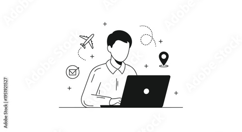 Vector illustration of man working on laptop with travel icons