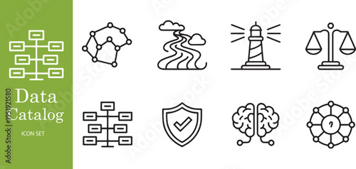 Data Catalog and Artificial Intelligence Strategic Network Linear Icon Set