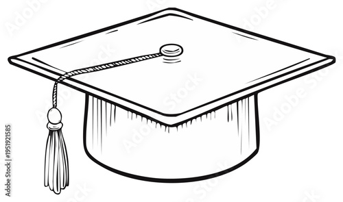 Black and white line art of a graduation cap with a tassel, symbol of education and achievement