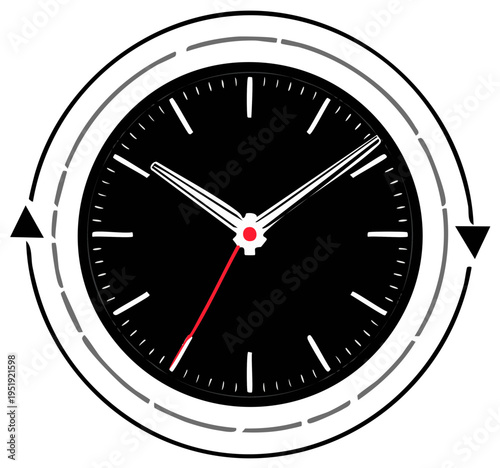Minimalist black clock with arrow symbols indicating time passing