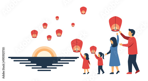 Family releasing illuminated sky lanterns during a sunset celebration high quality