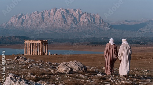 Two men in traditional robes walking in a desert landscape toward ancient ruins. Cultural travel and historical exploration concept. Majestic mountain scenery and wilderness adventure.
