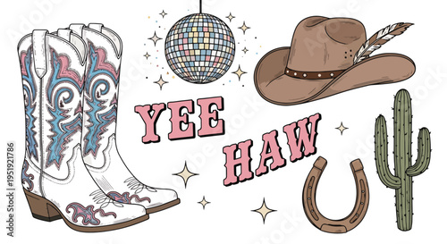 Celebration time with a funky party setup featuring cowboy boots a disco ball and a cactus with rustic western motifs conveying a sense of joyous revelry and cheerful get togethers with friends