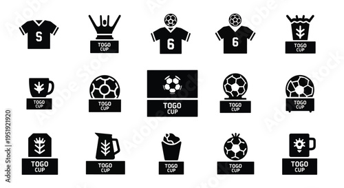 A Collection of Symbolic Representations for Sporting Events and Competitions Featuring Cups and Awards with Soccer Balls Jerseys and Other Elements for Championships and Tournaments with Badges