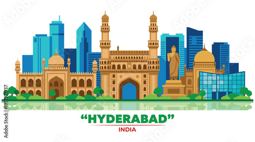 Hyderabad skyline vector illustration with landmark buildings and city