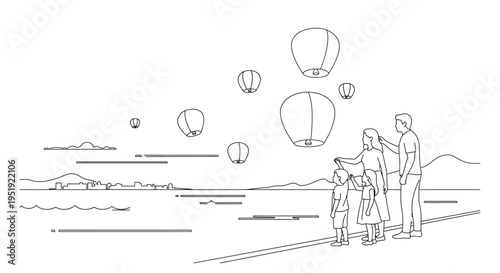 Family watching sky lanterns float over a coastal landscape in a line art style