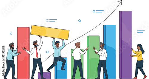 A diverse group of businesspeople working together to raise a bar graph on transparent background