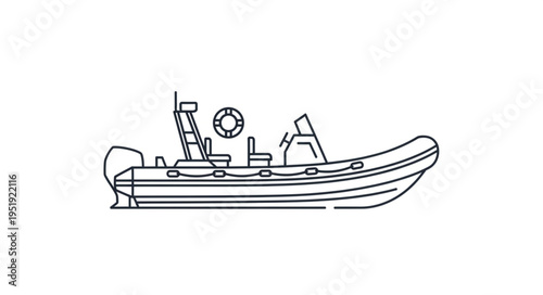 Detailed Line Art of a Rigid Inflatable Boat.