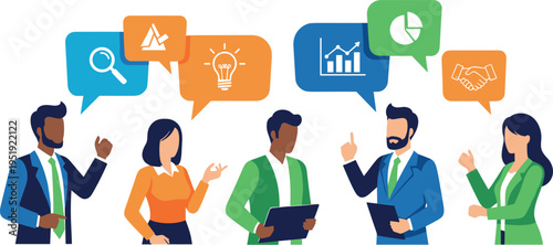 A diverse group of businesspeople discussing ideas on transparent background