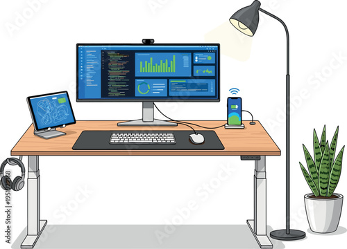 A well-organized home office workstation on transparent background