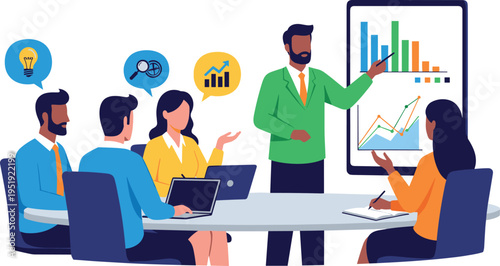 A diverse group of business professionals engaged in a meeting on transparent background