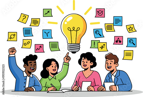 A diverse group of people having a creative brainstorming session on transparent background