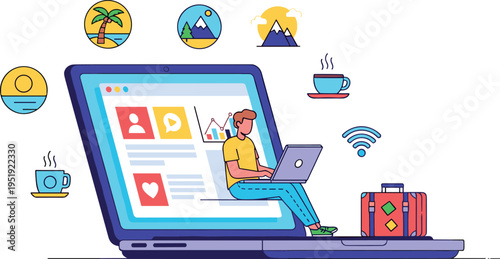 A man works on a laptop with travel icons floating around him on transparent background