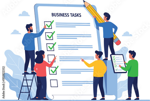 A team of business professionals working together on business tasks on transparent background