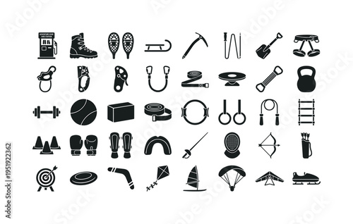 Adventure gear hire station kiosk, alpine boots pair, snowshoes pair, sled toboggan, ice axe tool, avalanche probe pole, avalanche