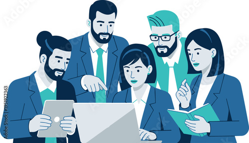 A group of business professionals collaborating on a laptop on transparent background