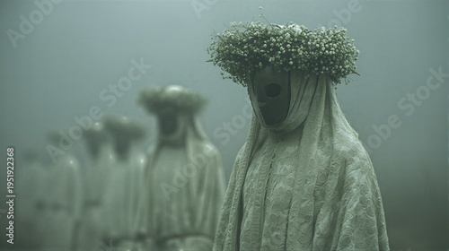Woman wearing white lace gown and flower crown with dark mask standing in fog. Group of people in mystical ritual clothing. Fantasy scene about folklore, tradition and occult mystery.