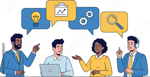 A diverse group of business professionals discussing ideas on transparent background