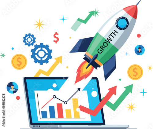 A colorful illustration of a rocket labeled growth launching from a laptop on transparent background