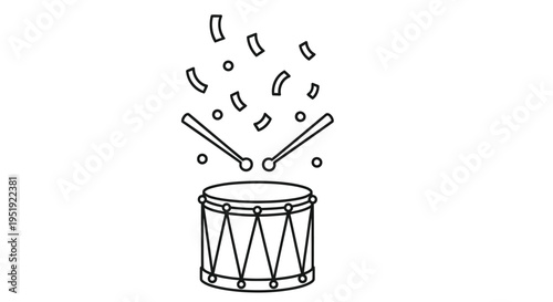 A simple black and white line drawing of a snare drum with drumsticks and notes