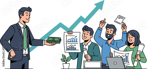 A businessman investing in a successful startup with growing profits on transparent background