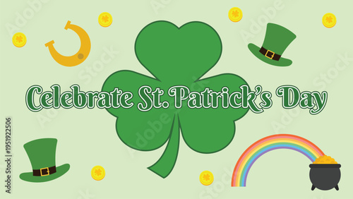 St. Patrick's Day flat vector illustration featuring shamrock rainbow pot of gold and festive text.