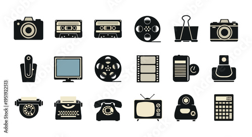 Vintage gadget icons collection featuring cameras phones and office
