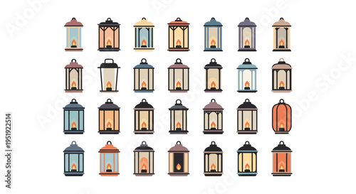 Collection of diverse lanterns with burning flames in flat design