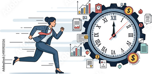 A businesswoman rushing past a large clock on transparent background