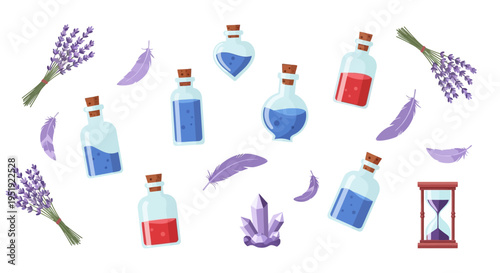 Fantasy potion bottles and lavender with feathers and crystals on