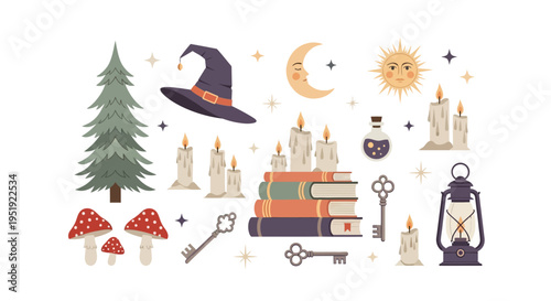 Magical elements collection: witch hat candles keys and enchanted