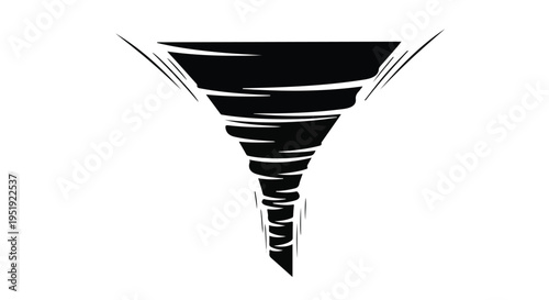 Black swirling tornado funnel illustration with white lines on clean white background for weather disaster concept