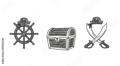 Nautical pirate icons: wheel treasure chest and swords in detailed
