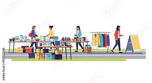 Outdoor market scene with vendors and shoppers at a yard sale event