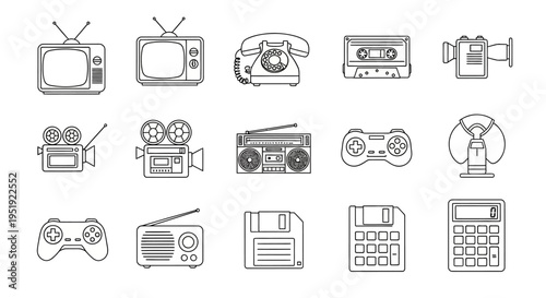 Retro electronic devices: outline icons of vintage technology and