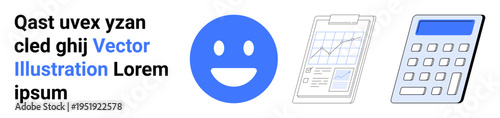 Productivity, finance, office tools, data analysis, business solutions, digital communication. A happy face, clipboard with graph and calculator. Productivity and finance in work environments