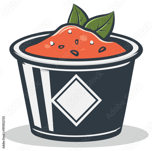 Bowl of fresh tomato sauce with basil garnish in decorative container for food illustration