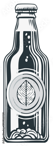 Illustrated beer bottle design featuring a leaf emblem and monochromatic style