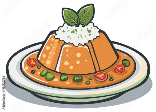 Cartoon illustration of a traditional dessert with garnishes on a plate.