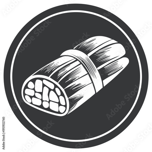 Vector drawing of a traditional Latin American tamale on a dark circular background showcases classic cuisine icon