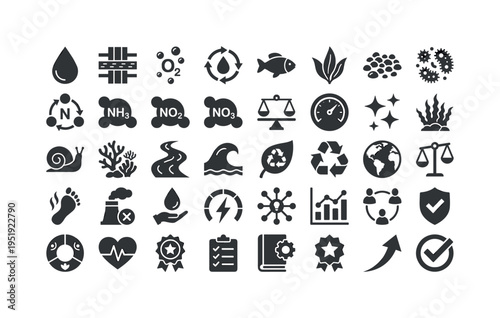 Aquatic ecosystem purification and water circulation concept symbols showing water droplet icon, filtration layers icon, oxygen