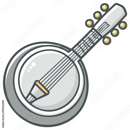 Cute Banjo Cartoon Illustration for Kids Projects, Isolated Banjo with Six Strings, Musical Instrument, Simple, Minimal