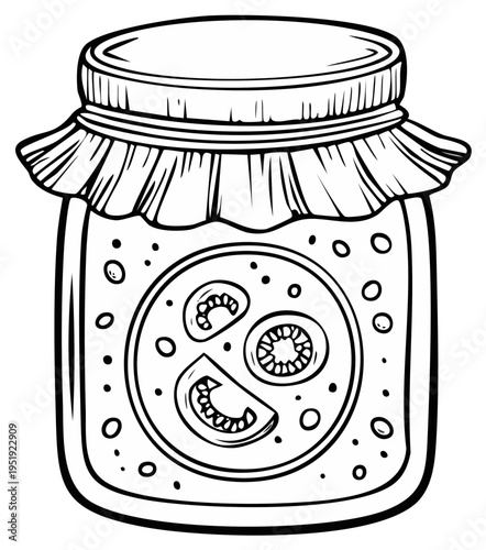 Cartoon illustration depicting canned tomatoes in a jar, vector outline drawing of homemade vegetables preserves with a label