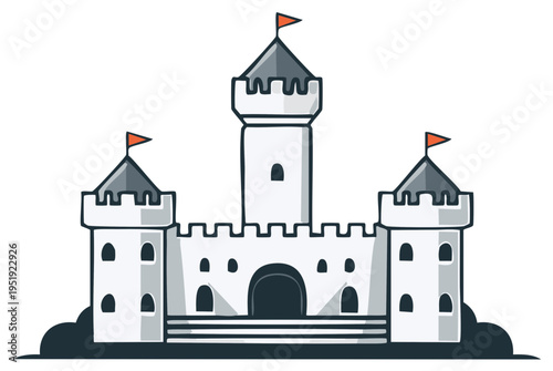 Cartoon illustration of a white castle with turrets and flags