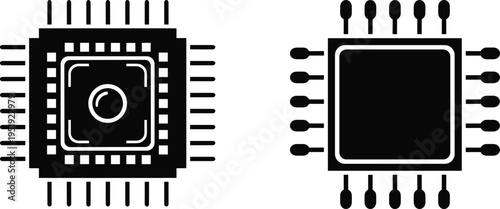 Two black computer processor chip icons featuring circuit board pins and microchip details isolated on white background for technology and hardware