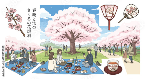 Springtime Gathering under Blossoming Trees A Picturesque Picnic Scene with People Enjoying Tea and Festive Traditions among the Delicate Floral Display during the Season of Renewal and Joy