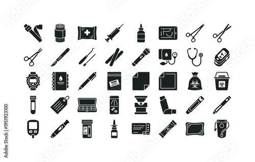 country medical treatment tools featuring tourniquet strap, compression trauma bandage, hemostatic gauze pack, wound irrigation