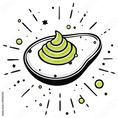 Avocado with guacamole illustration, retro style, food design element.