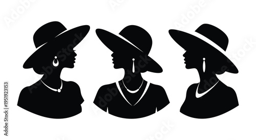 A striking black and white image showcases three elegant women in profile each adorned with a stylish hat and jewelry